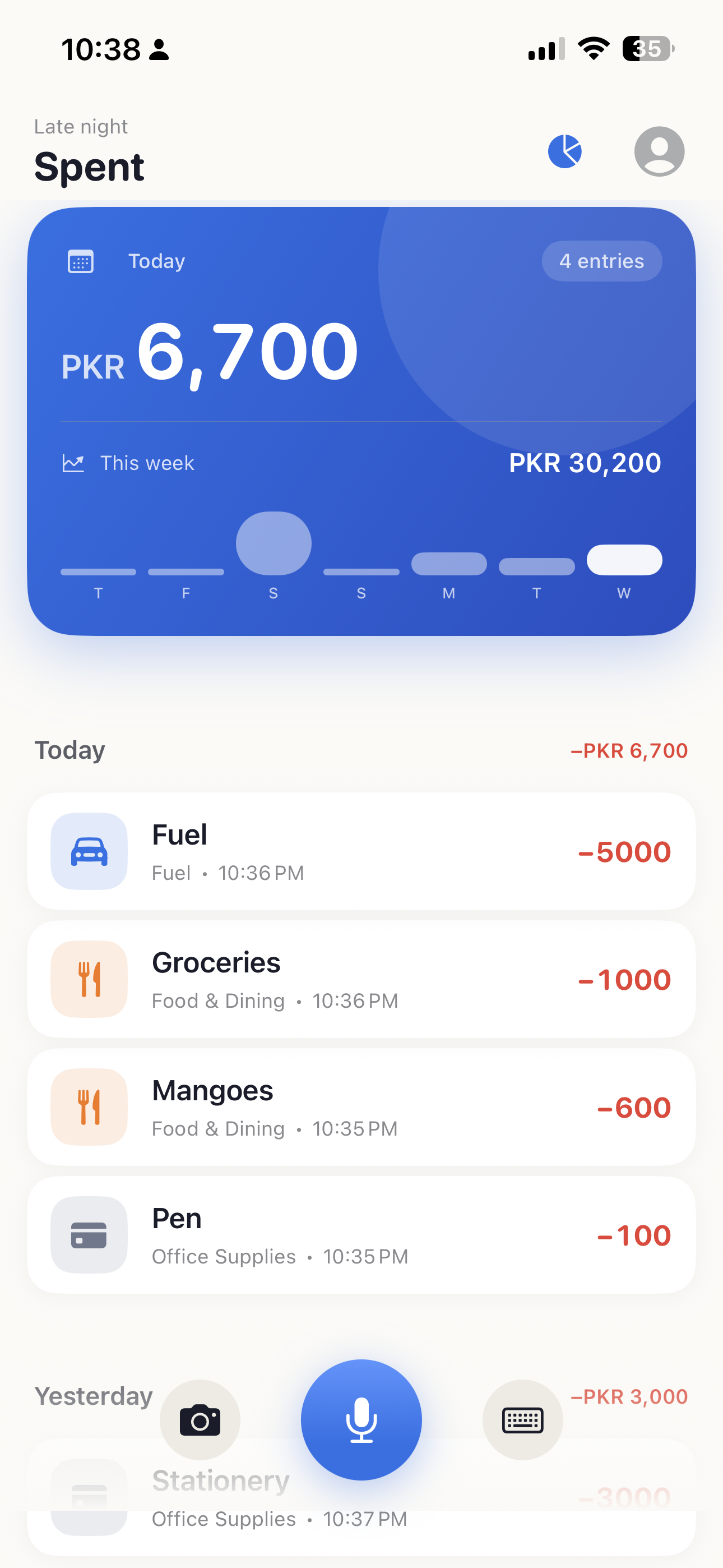 Spent dashboard — today's spend and recent expenses